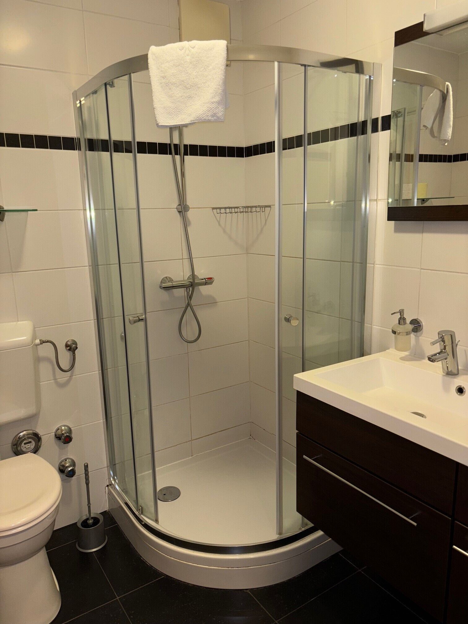 Dusche, Haartrockner, Handtücher, Toilettenpapier