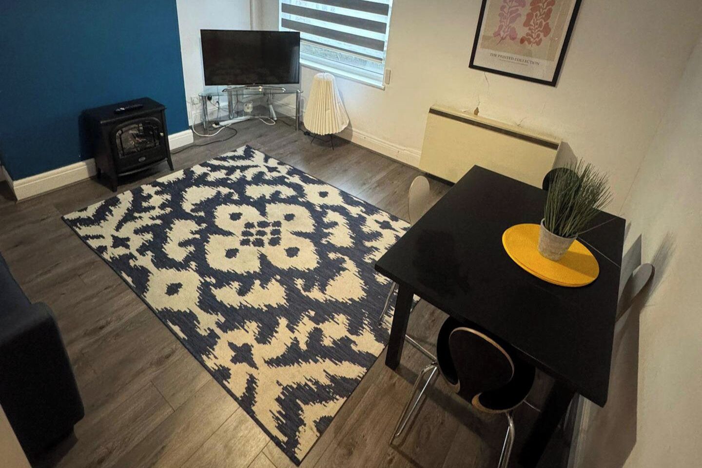 A living room with a patterned rug, a black table with a plant, a TV, and a fireplace.