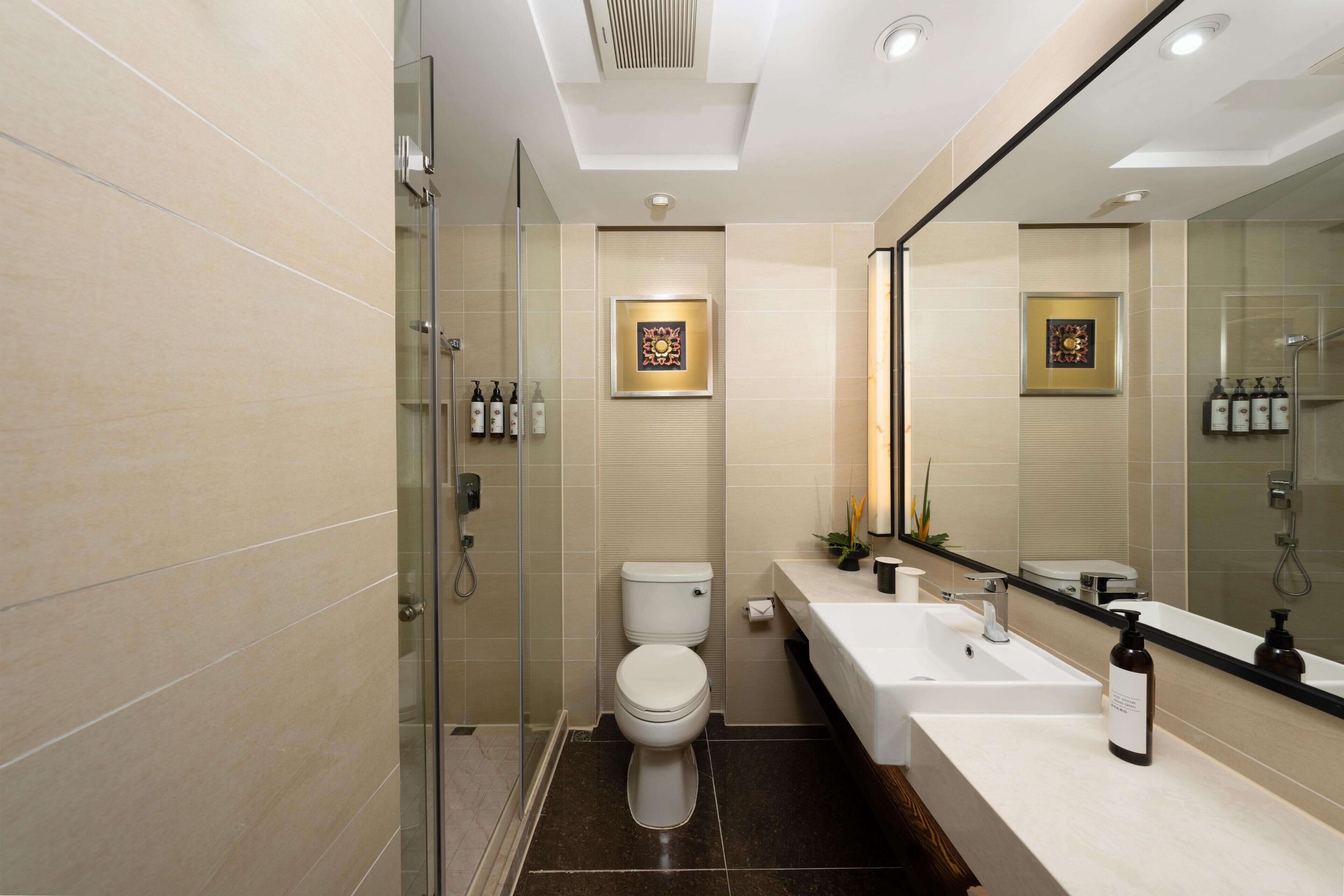 A modern bathroom with a glass shower enclosure, a toilet, a sink, and a large mirror.