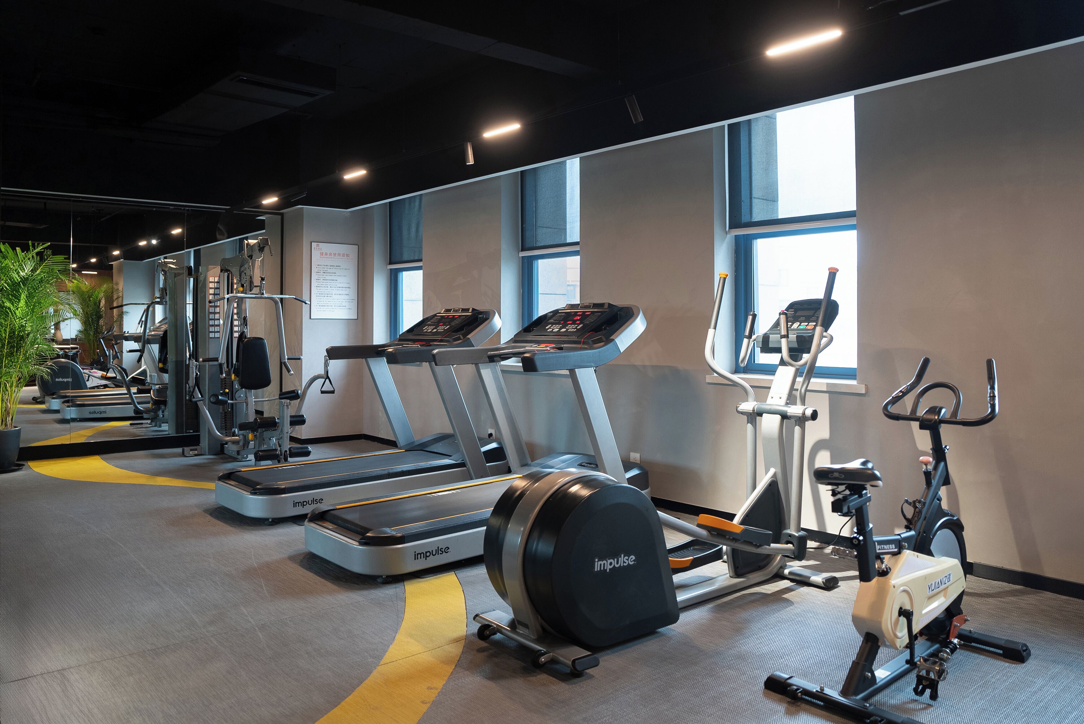 A gym with treadmills, ellipticals, and weight machines.
