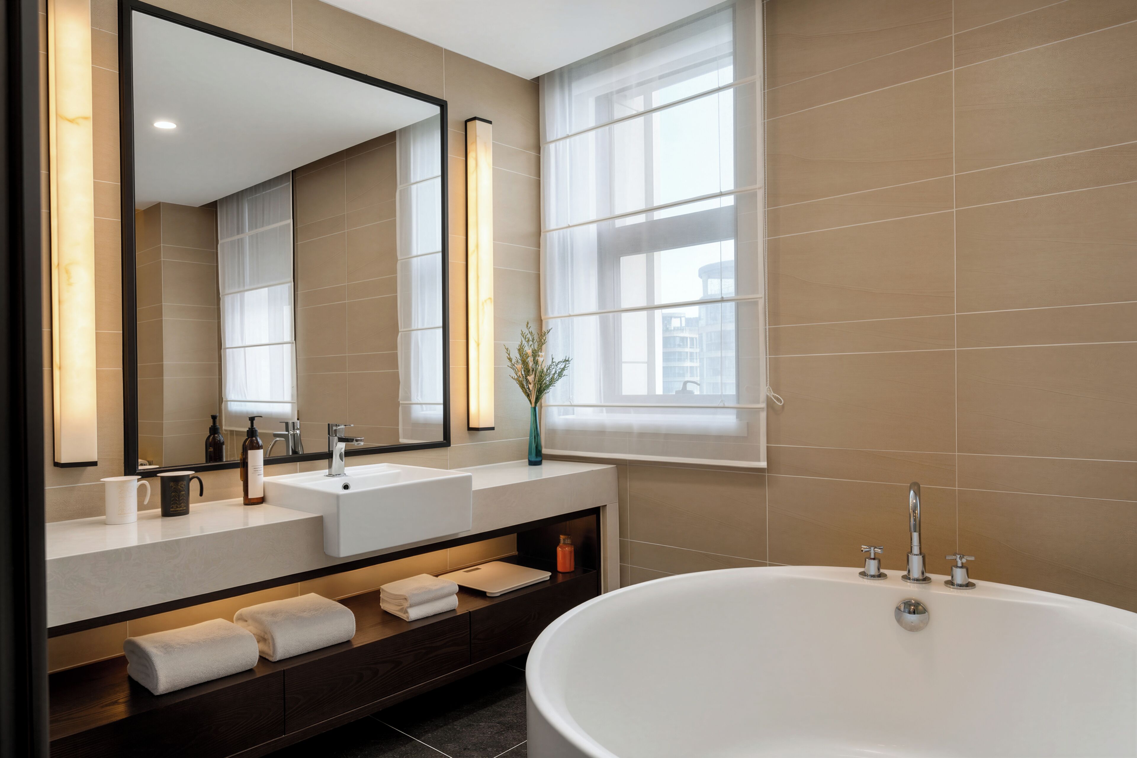 A modern bathroom with a large bathtub, a double sink vanity, and a mirror.