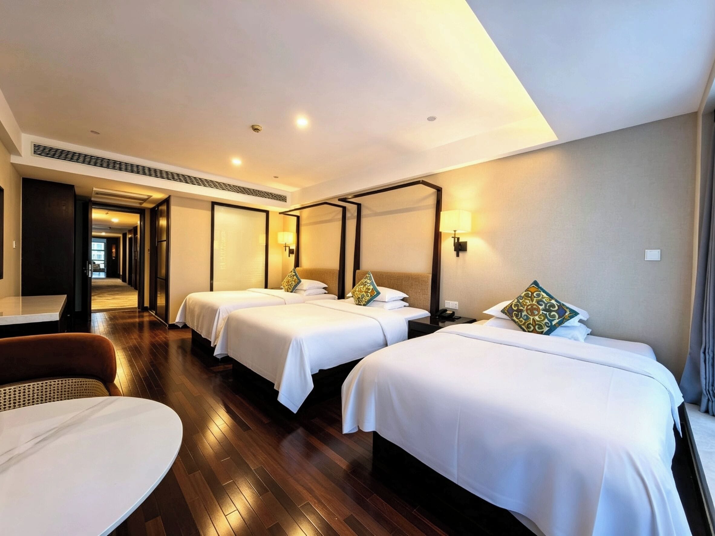A hotel room with three beds, a dining table, and a view of the hallway.