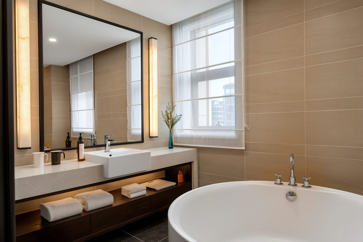 A modern bathroom with a large bathtub, two sinks, a vanity with a mirror, and a window providing natural light.