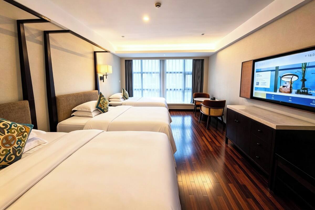 Kamar Quadruple Keluarga, pemandangan kota | Minibar gratis, brankas, dan ruang kerja ramah laptop