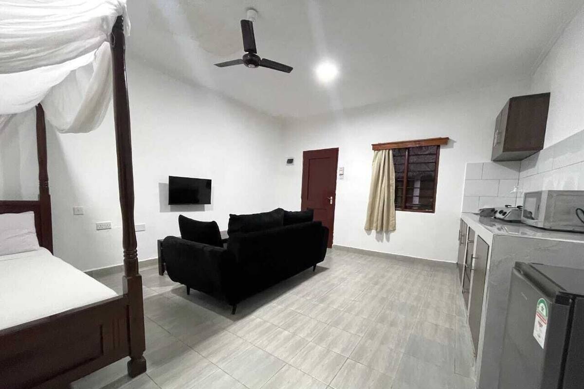 A room with a bed, a black sofa, a ceiling fan, a TV, and a kitchenette.
