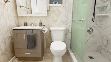 Shower, hair dryer, towels, soap