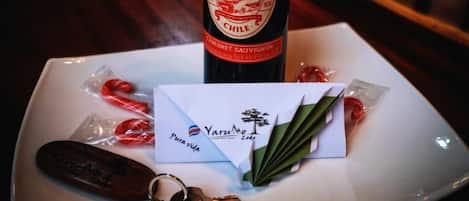 A bottle of Rio Andino 2023 Chile Cabernet Sauvignon on a white plate with a keychain, a small card, and a green leaf.