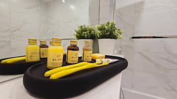 Shower, hair dryer, bidet, towels