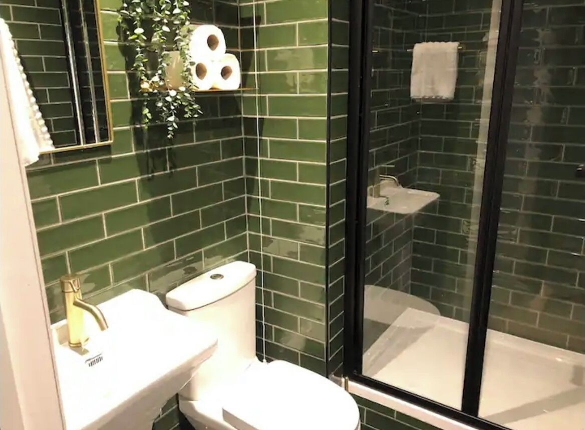 Shower, hair dryer, towels, toilet paper