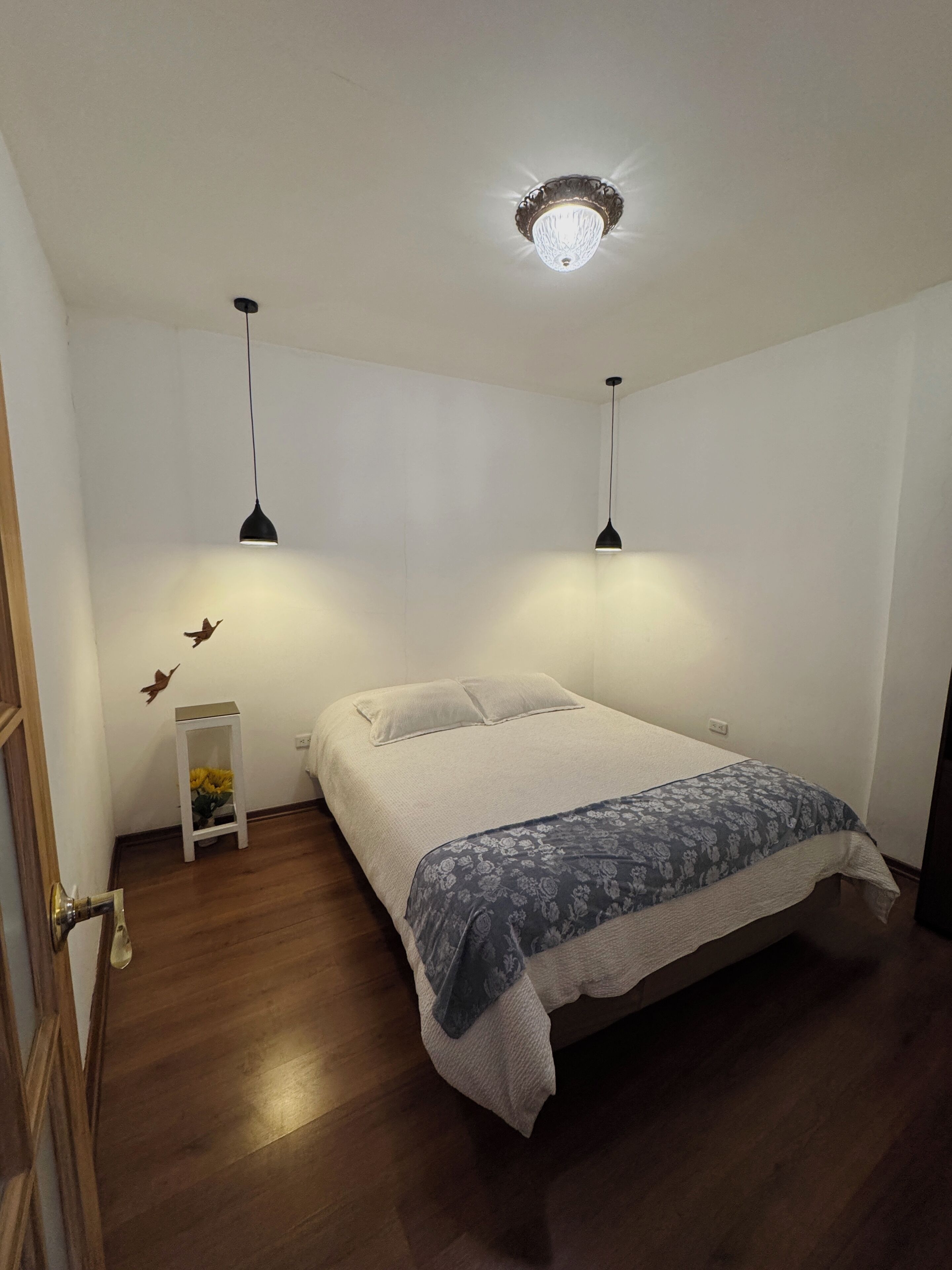 Quarto com uma cama, duas luminárias pendentes, uma mesa de cabeceira com abajur e uma porta com puxador de latão.