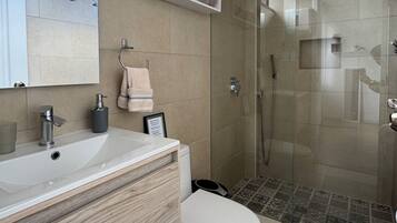 A modern bathroom with a glass-enclosed shower, a wooden vanity, and a toilet.