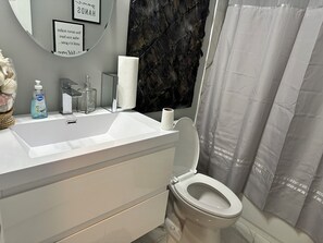 Baignoire à jets, sèche-cheveux, serviettes fournies, savon