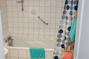 Hair dryer, towels, soap, shampoo