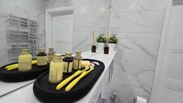 Hair dryer, towels, soap, toilet paper