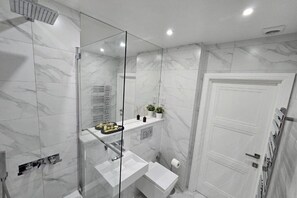 Hair dryer, towels, soap, toilet paper