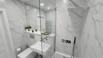 Hair dryer, towels, soap, toilet paper