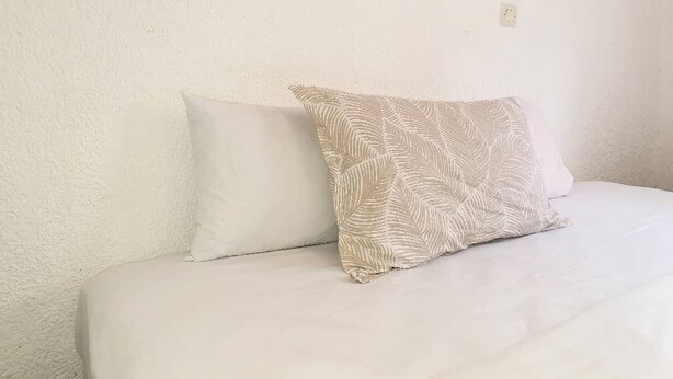 Una cama con dos almohadas, una lisa y otra con estampado de hojas, frente a una pared lisa.