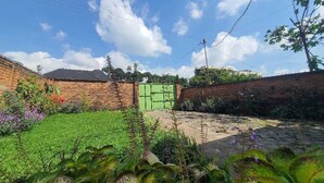 Un patio con una verja verde, muros de ladrillo y una zona ajardinada con diversas plantas.