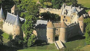 Un château doté de nombreuses tours et d’un mur d’enceinte, entouré de verdure.
