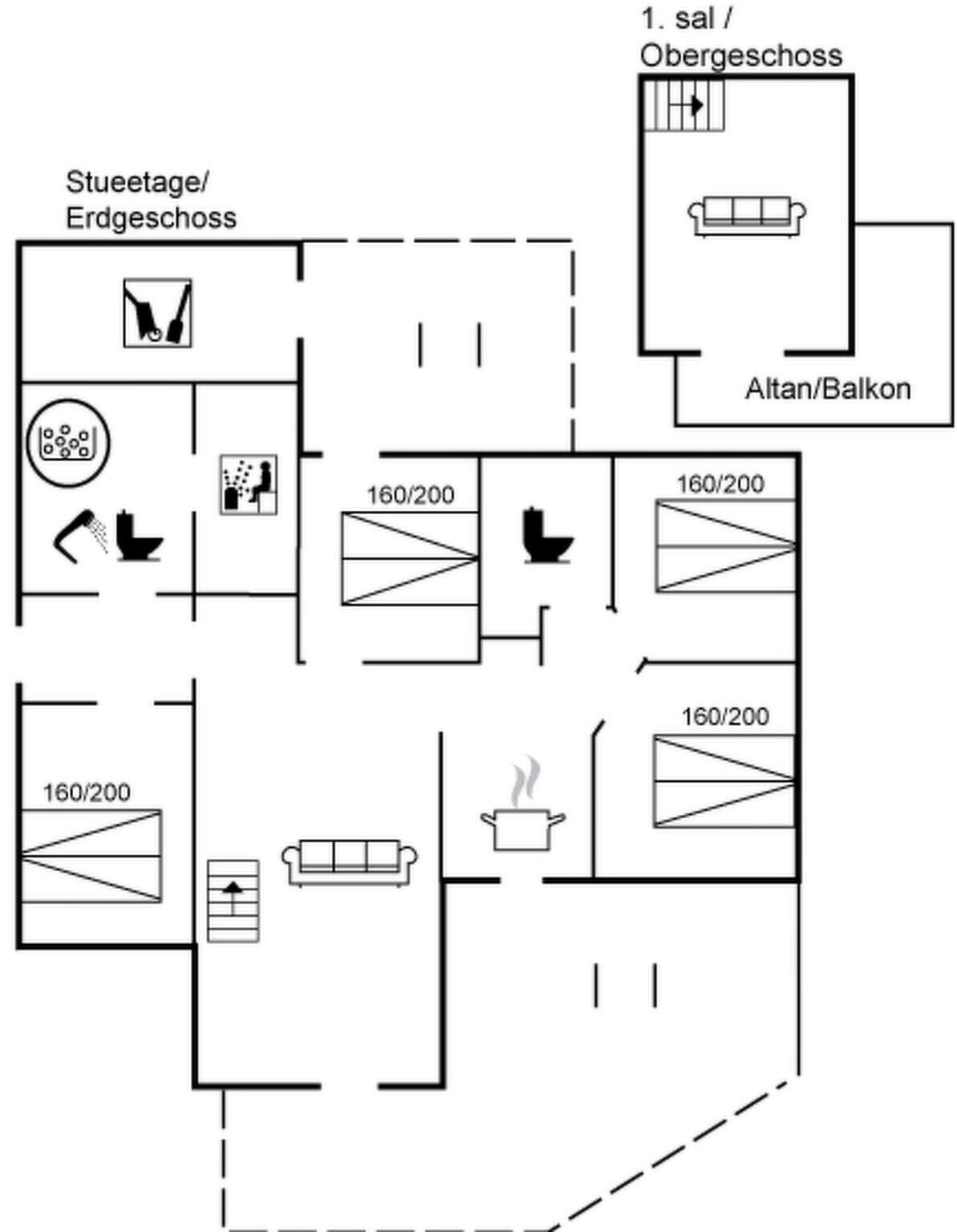 Ein Grundriss eines Hotels mit Badezimmer, Küchenzeile und Balkon.