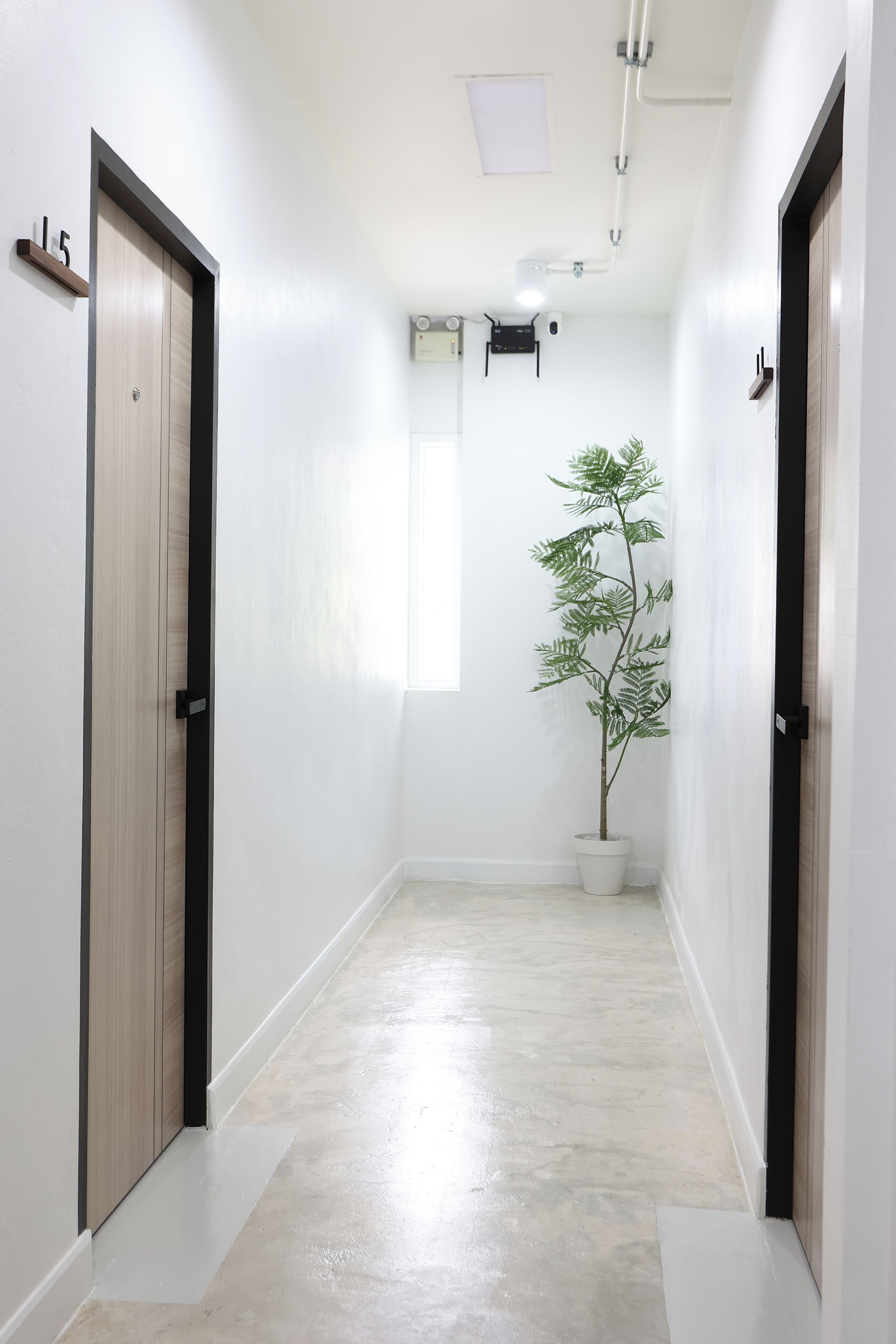 A hallway with two doors, a potted plant, and a ceiling-mounted air conditioning unit.