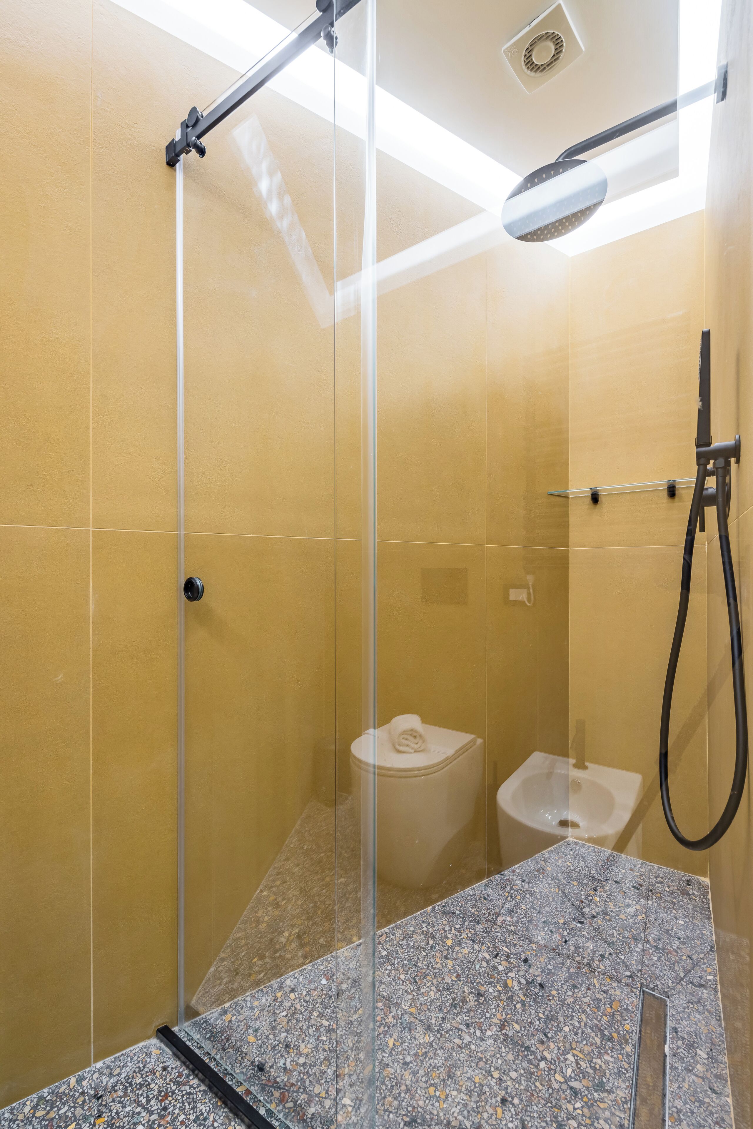 A glass-enclosed shower area with a handheld showerhead, a toilet, and a sink.