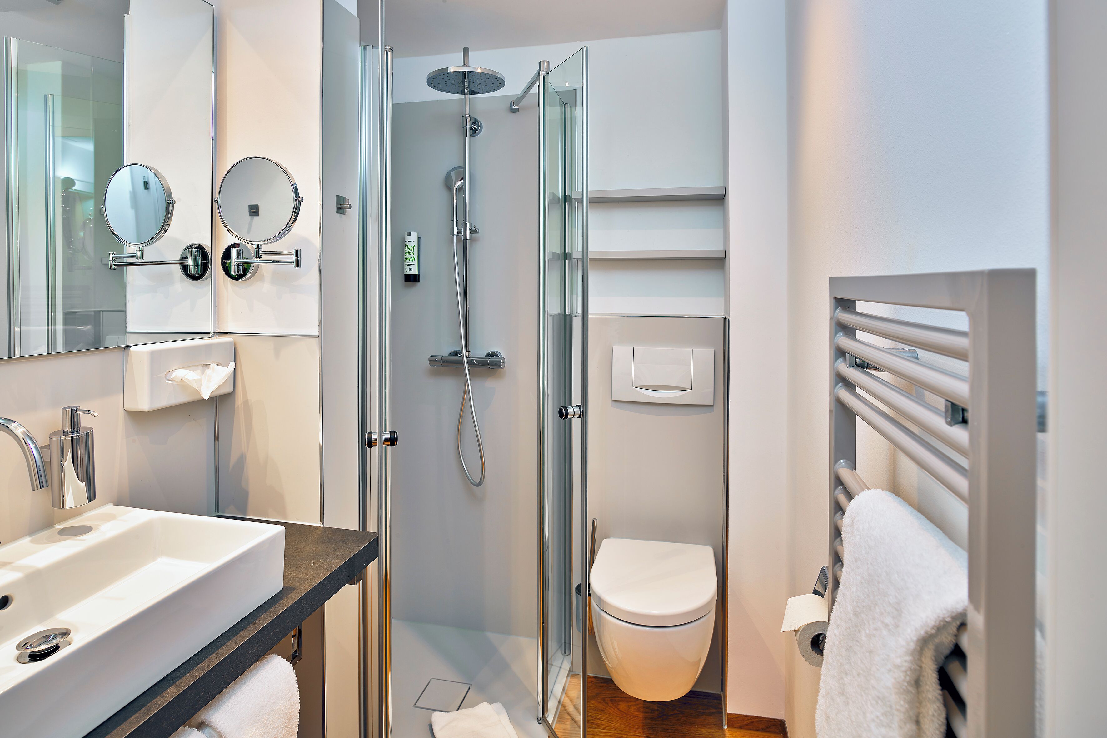 Une salle de bain moderne avec une douche à parois de verre, un lavabo blanc et des toilettes.