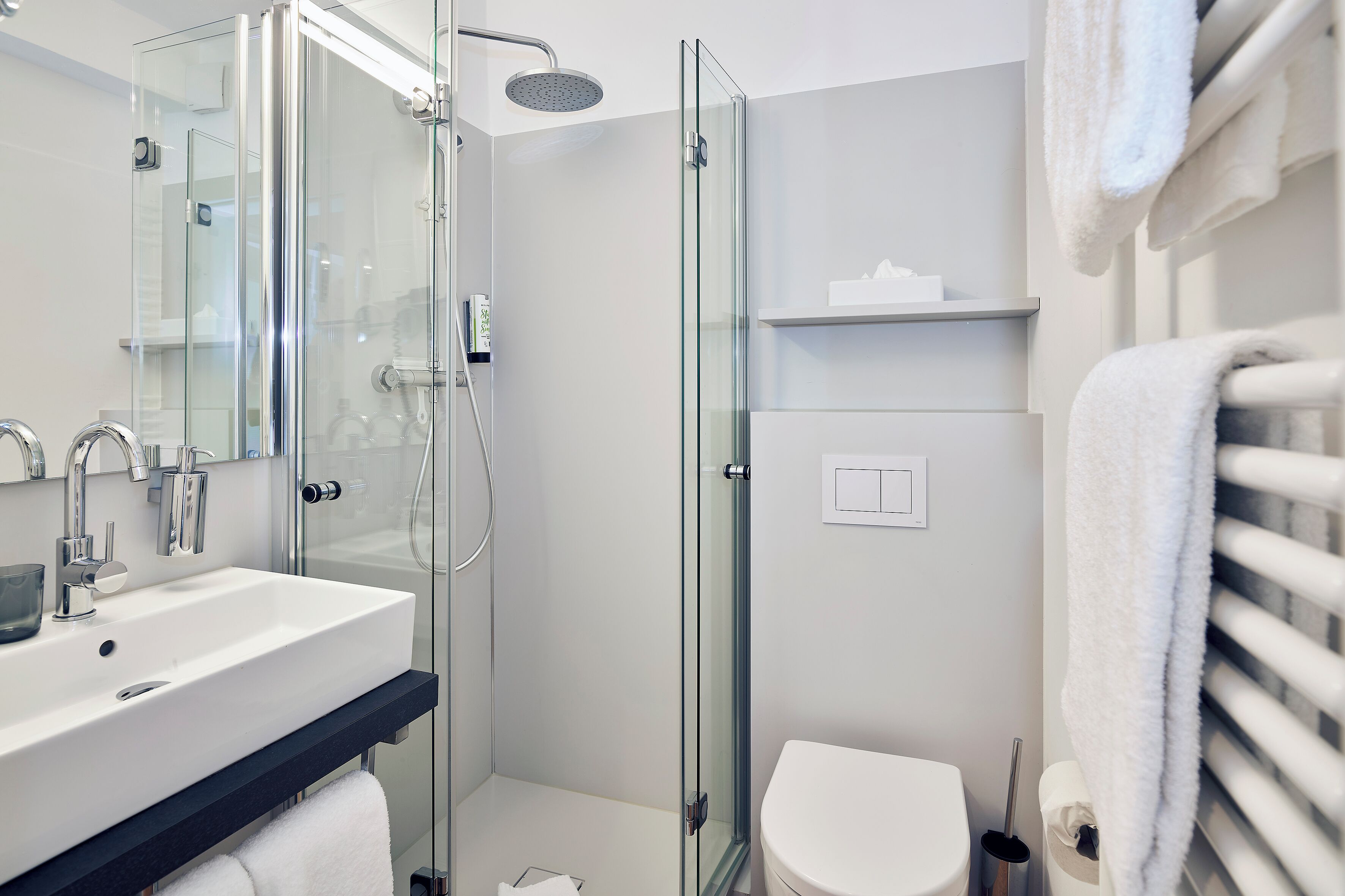 A modern bathroom with a glass-enclosed shower, a white sink, and a toilet.