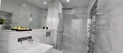 Shower, hair dryer, towels, soap