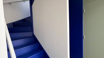 A staircase with blue steps and white handrails, leading to a door with a green wall.