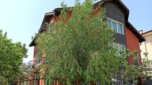 Une maison à deux étages avec un balcon, un jardin et une clôture.