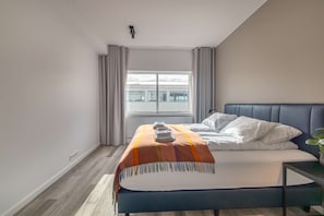 A hotel room with a bed, a window, a radiator, and a plant.