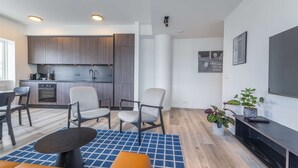 A modern apartment with a kitchen, seating area, and a TV. - Deluxe two bedroom apartment (Reykjavík)