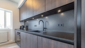 A modern kitchen with dark wood cabinets, a black countertop, and a stainless steel sink. - Deluxe two bedroom apartment (Reykjavík)