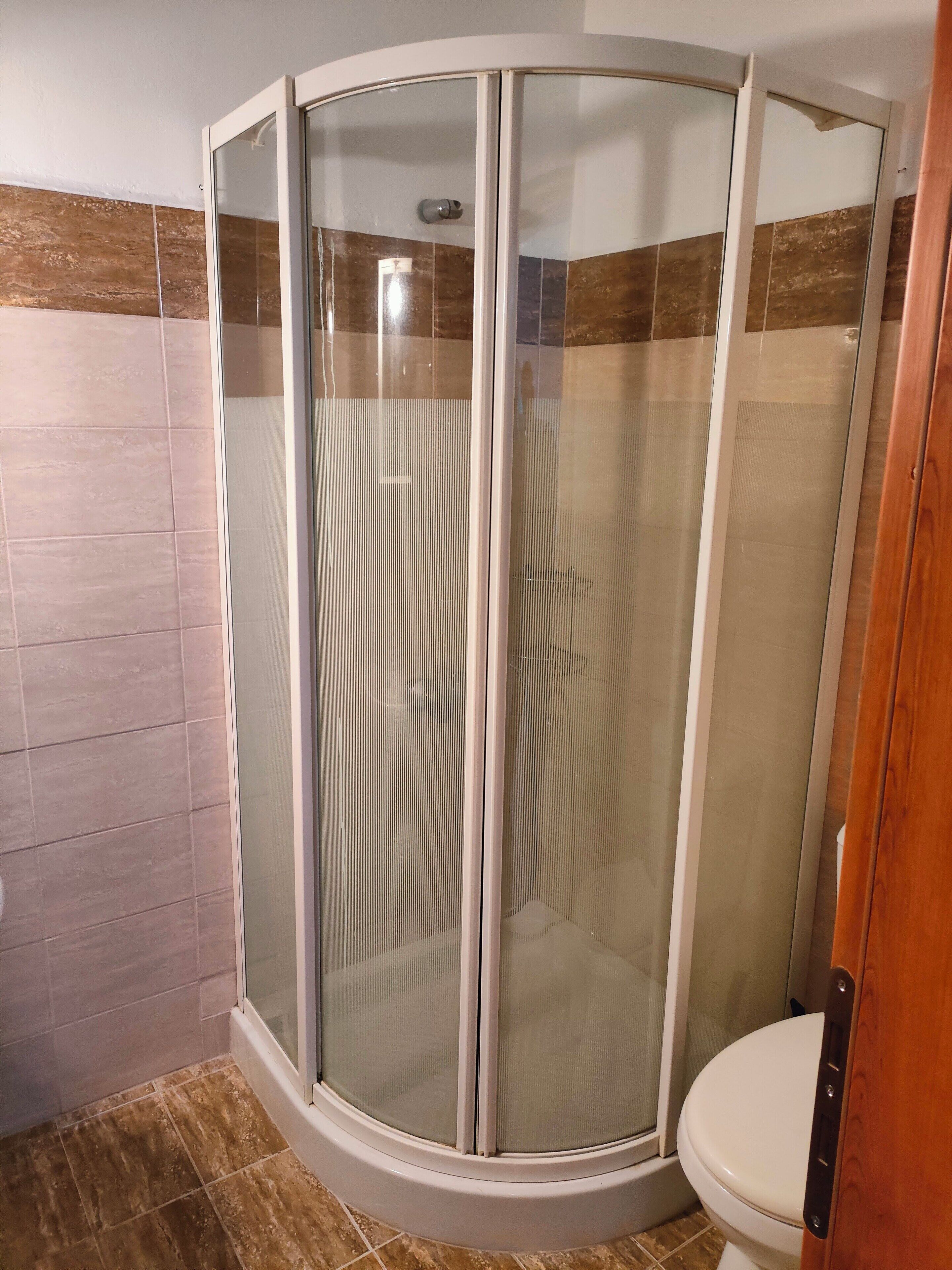 Ducha en esquina con puerta de cristal, inodoro y paredes de azulejos.