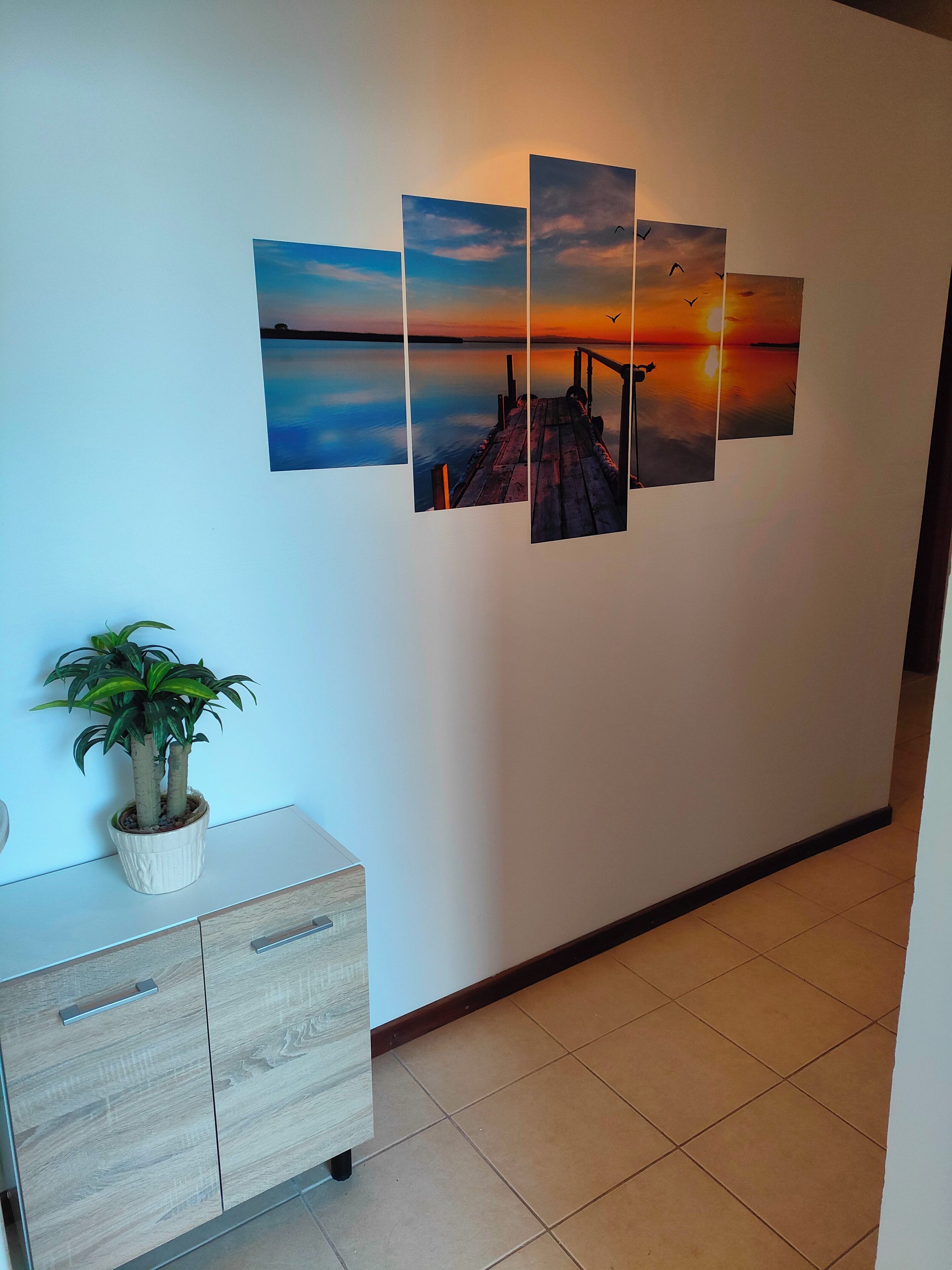 A hallway with a wall-mounted sunset painting, a potted plant, and a wooden cabinet.