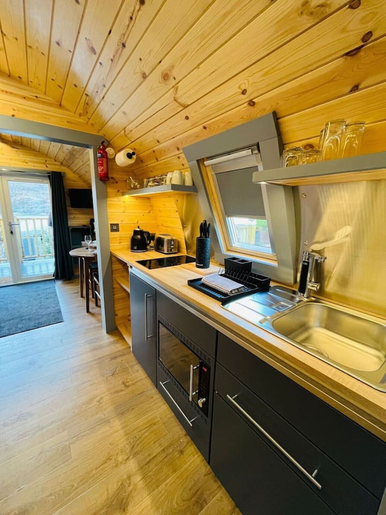 Fridge, microwave, toaster, cookware/dishes/utensils