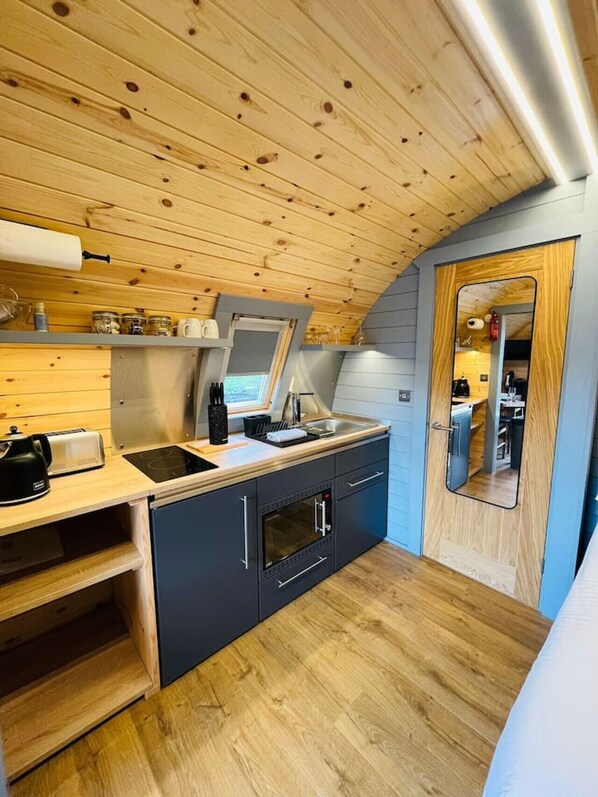 Fridge, microwave, toaster, cookware/dishes/utensils