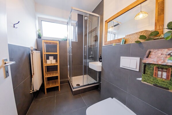 Shower, hair dryer, towels, soap