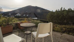 A patio with a round table and two chairs, surrounded by potted plants and a view of houses and a hill in the background. - Kleine Wohnung Nahe Winterberg mit Terrasse (Winterberg)