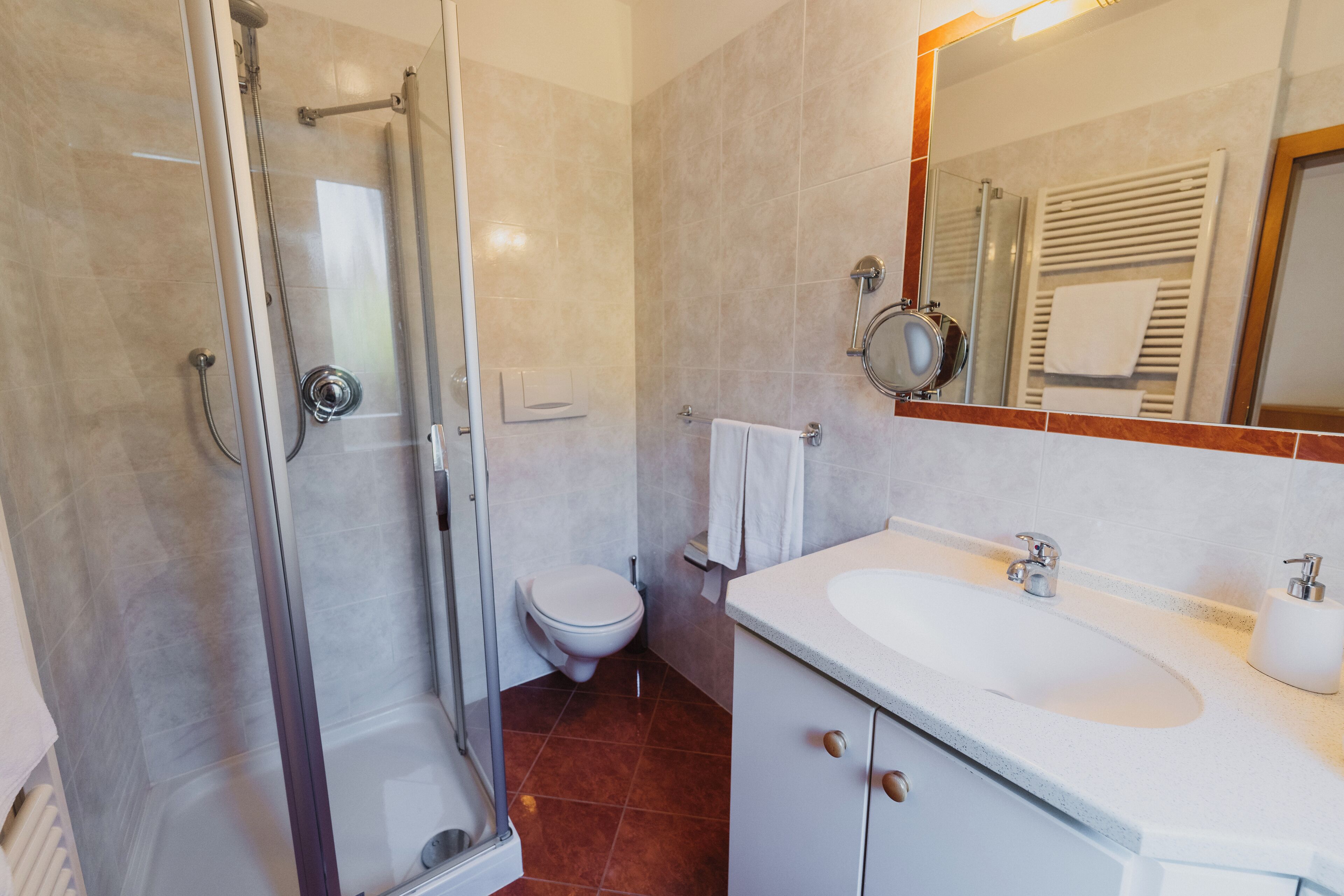 A modern bathroom with a glass-enclosed shower, a white toilet, and a sink with a mirror above it.