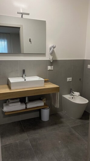 Hårtork, handdukar, tvål och schampo