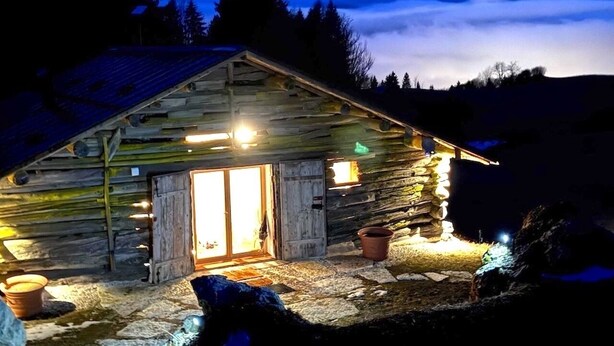 A rustic wooden cabin with a stone foundation, a wooden door, and a small porch area with potted plants.