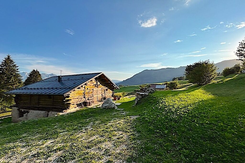 Eine rustikale Holzhütte mit geneigtem Dach, eingebettet in eine grüne Landschaft und mit Bergen im Hintergrund.