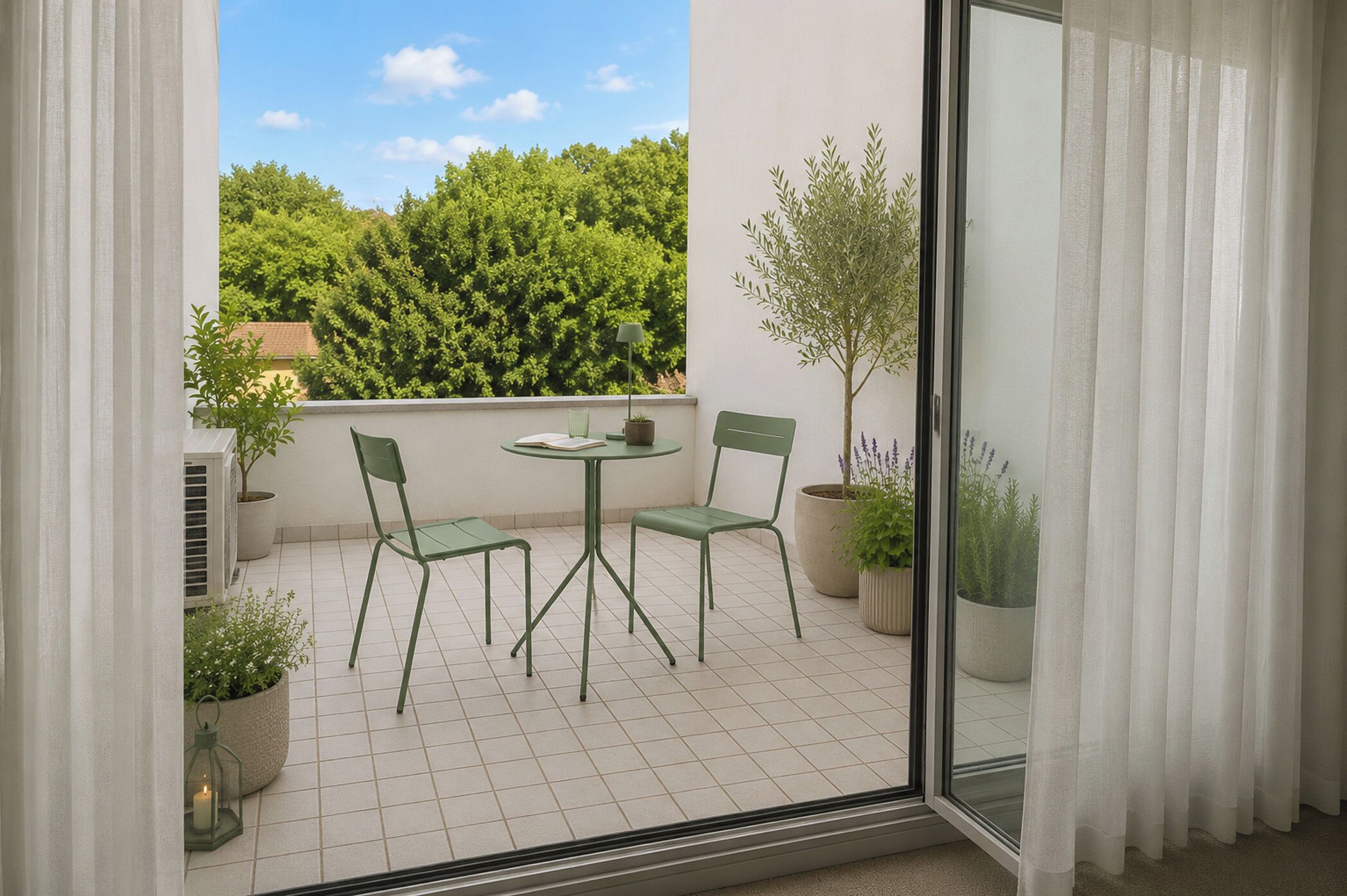 A balcony with a table and chairs, potted plants, and a view of a green landscape.