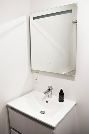 Secadora de cabello, toallas, jabón, papel de baño 