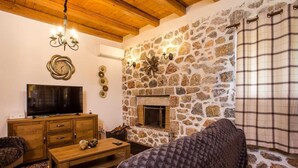Una sala de estar acogedora con una pared de piedra, chimenea, televisión y sofá.
