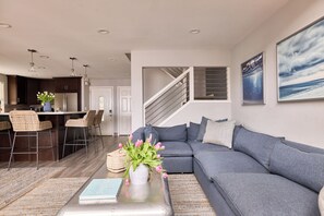 Smart TV, chimenea, libros y oficina 