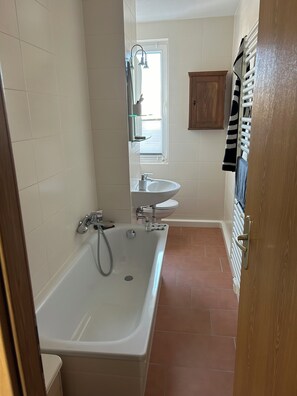 Hair dryer, towels, toilet paper