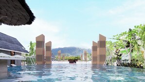 A resort with a swimming pool, a thatched-roof building, and modern brick structures. - Moritz Hill Borobudur Resorts & Spa (Borobudur)